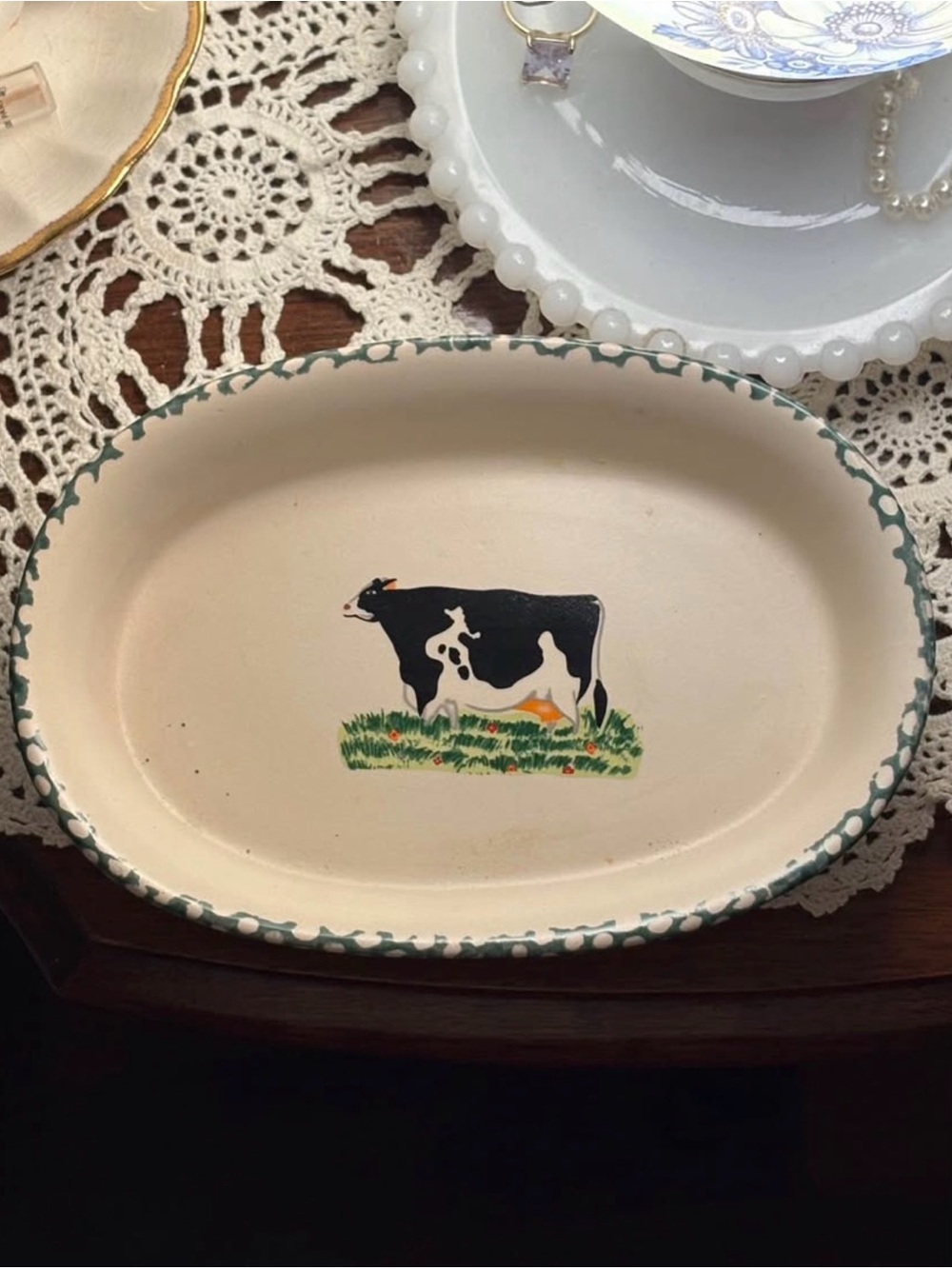 Cream Ceramic Dish with Black Cow